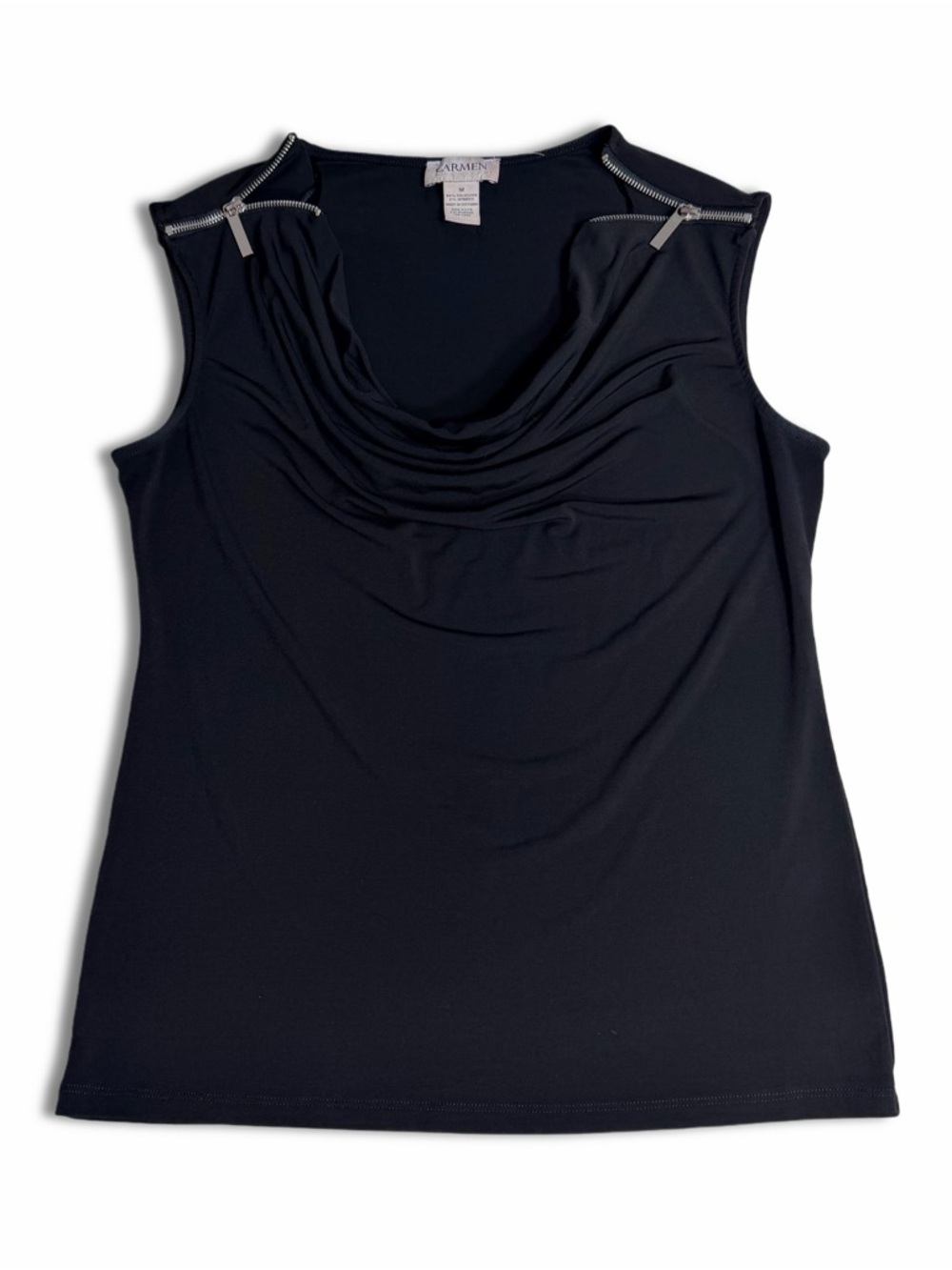 Carmen Marc Valvo Black Draped Cowl Tank with Shoulder Zippers